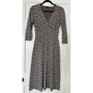 Boden Midi Dress 12L Brown Jersey Faux Wrap Stretch Comfort Teacher Preppy